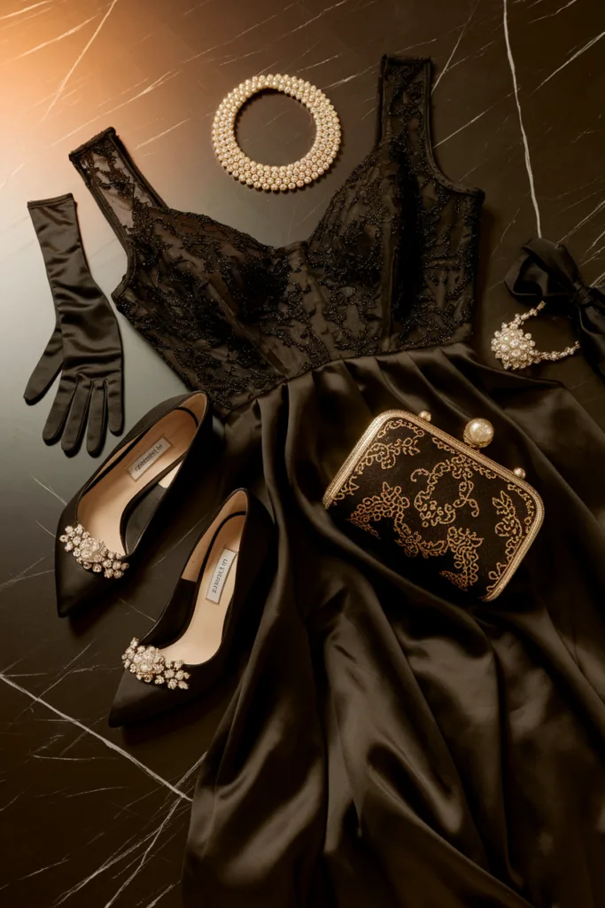 Elegant black evening wear with lace dress, gloves, heels, clutch, pearl necklace and bracelet on marble surface.