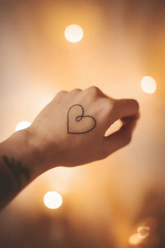 Minimalist heart tattoo on hand with warm bokeh lights in background, creating a cozy, artistic atmosphere.