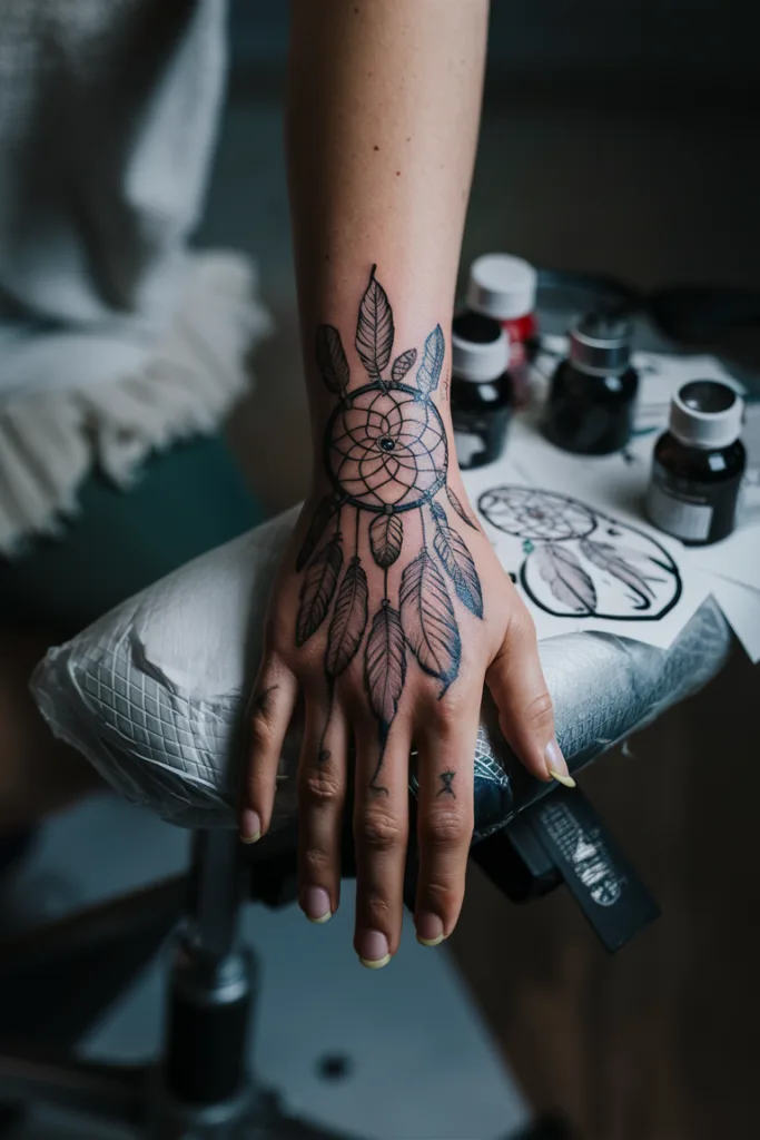 Hand with detailed dreamcatcher tattoo, featuring feathers, in a tattoo studio setting.