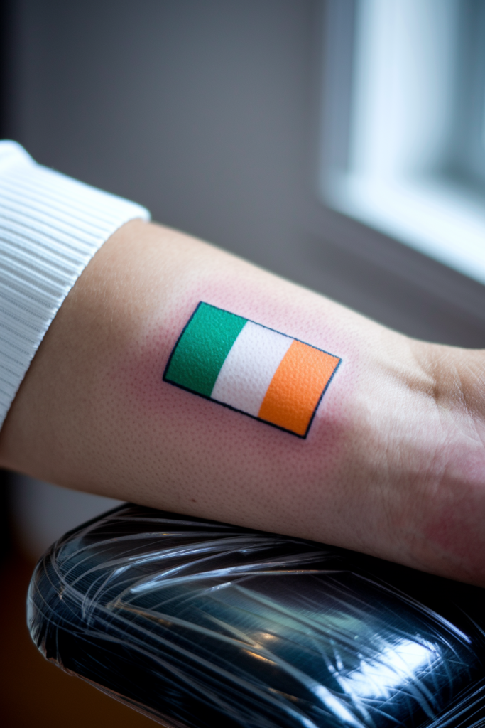 Tattoo of Irish flag on forearm, showcasing green, white, and orange stripes, resting on a tattoo chair.