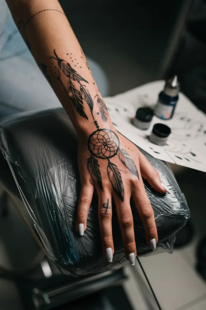 Arm with dreamcatcher tattoo and white nails resting on padded chair in tattoo studio.