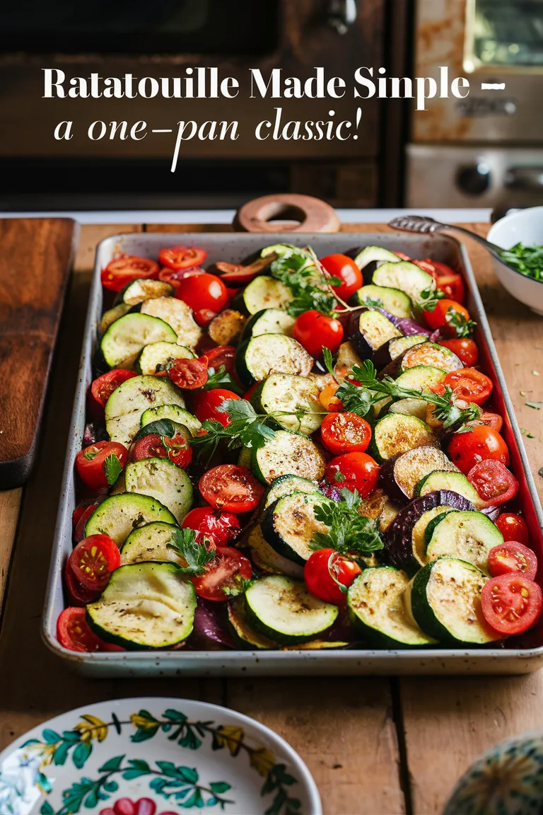 Tray of colorful ratatouille with tomatoes, zucchini, and herbs, showcasing a simple one-pan recipe.