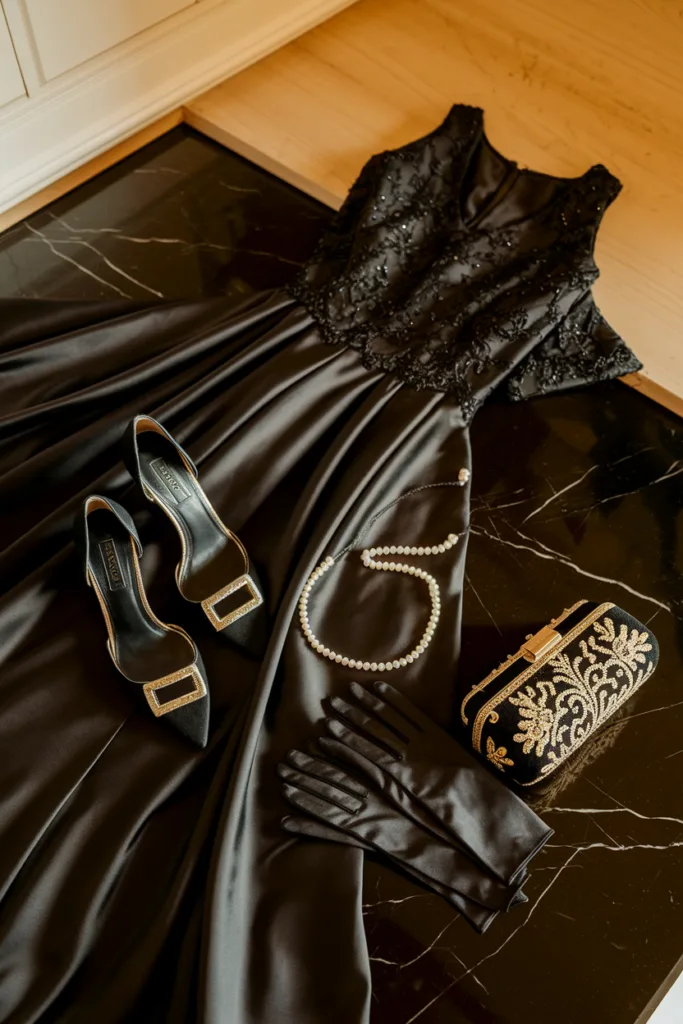 Elegant black evening dress with lace, stylish heels, pearl necklace, gloves, and clutch on marble floor.