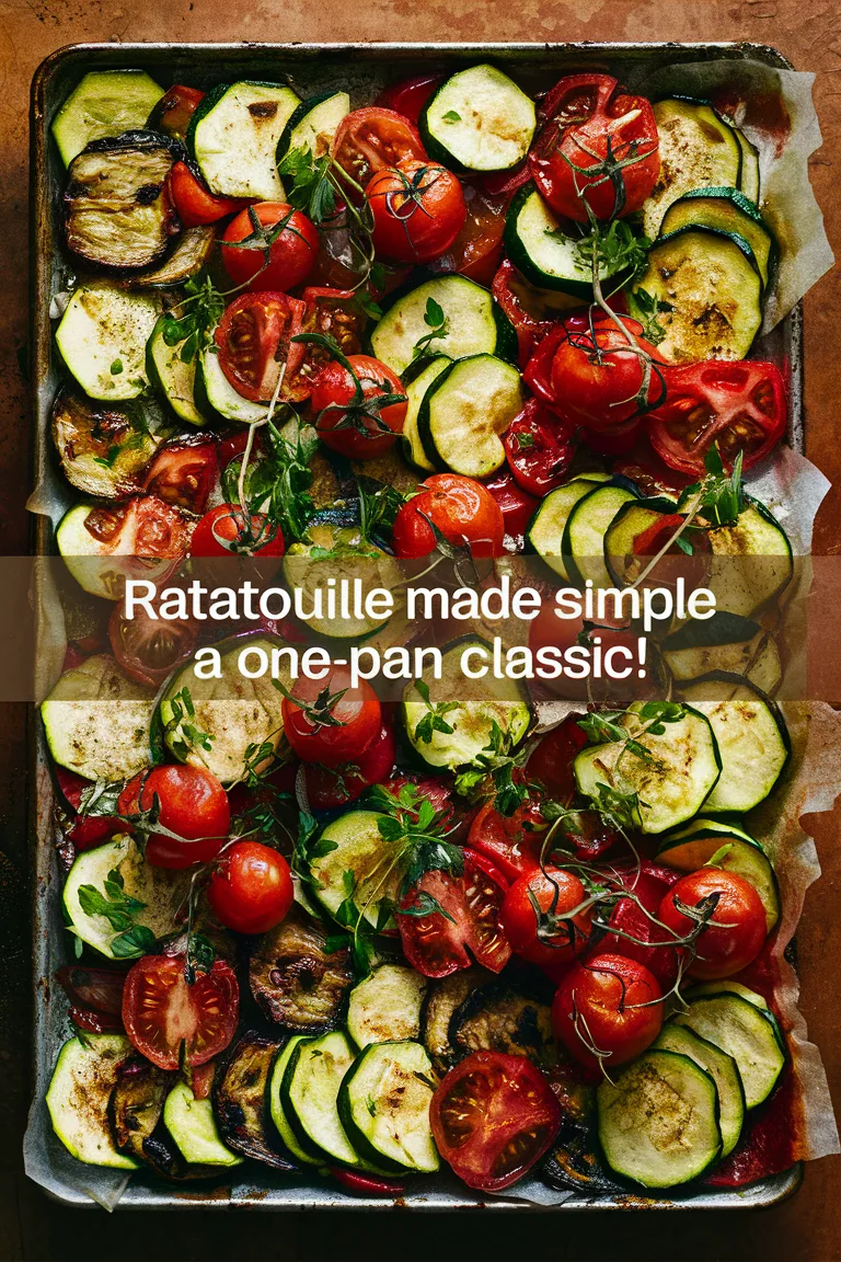 One-pan ratatouille with zucchini, tomatoes, and herbs; a simple and classic dish.