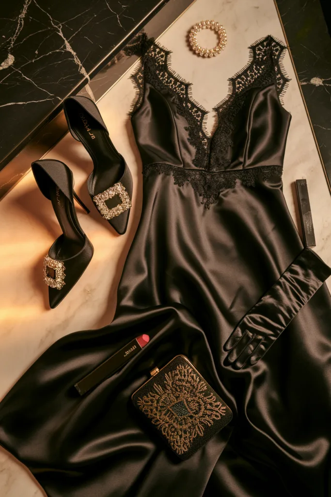 Elegant black dress with lace, matching heels, gloves, and accessories on marble surface. Evening fashion ensemble.