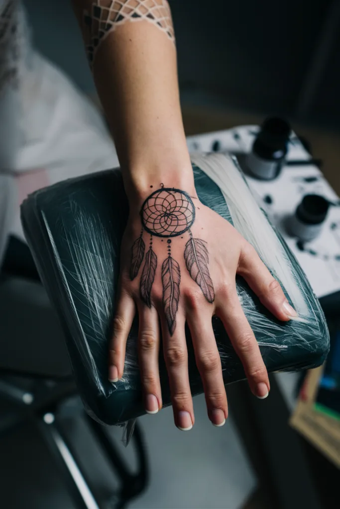 Hand with intricate dreamcatcher tattoo, resting on chair in tattoo studio.