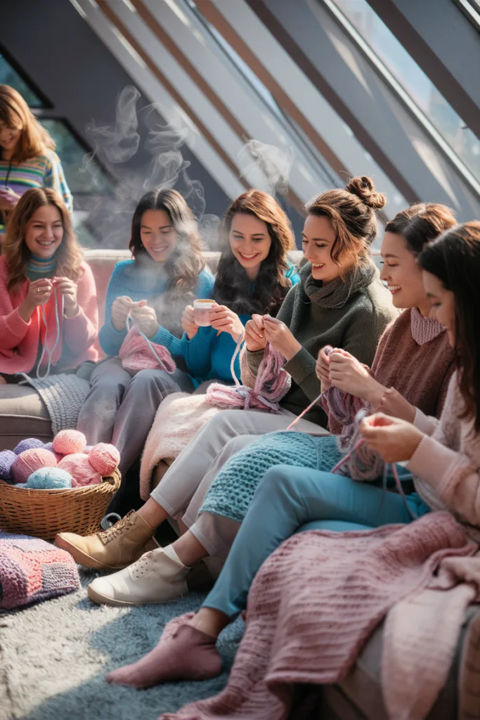 Women happily knitting together in a cozy room with colorful yarns and steam rising from hot drinks.