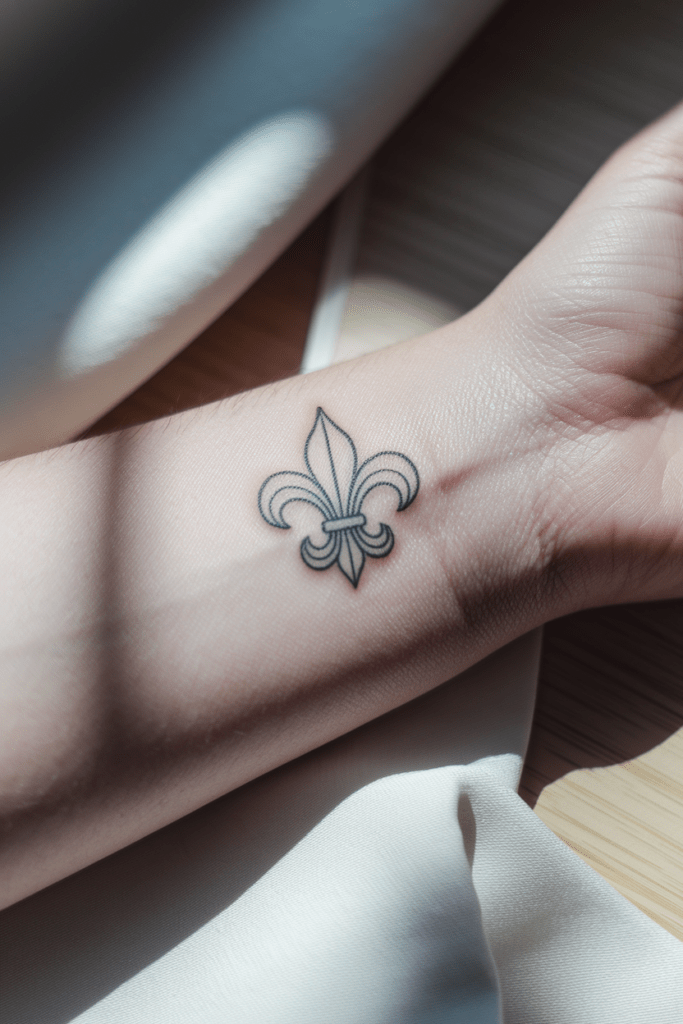 Fleur-de-lis tattoo on wrist, delicate and minimalistic, with soft lighting and detailed linework.