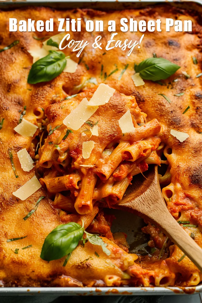 Delicious baked ziti on a sheet pan, topped with basil and cheese, served hot and cozy. Perfect comfort food.