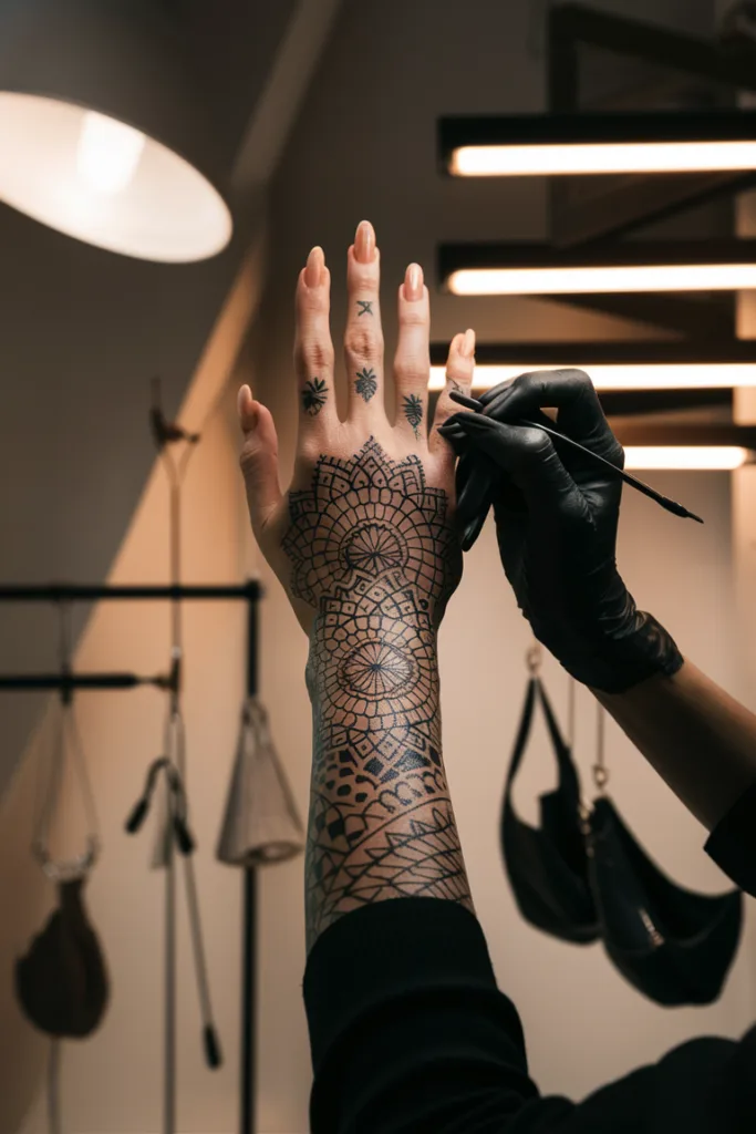 Intricate hand tattoo being inked, showcasing detailed geometric patterns under studio lighting.