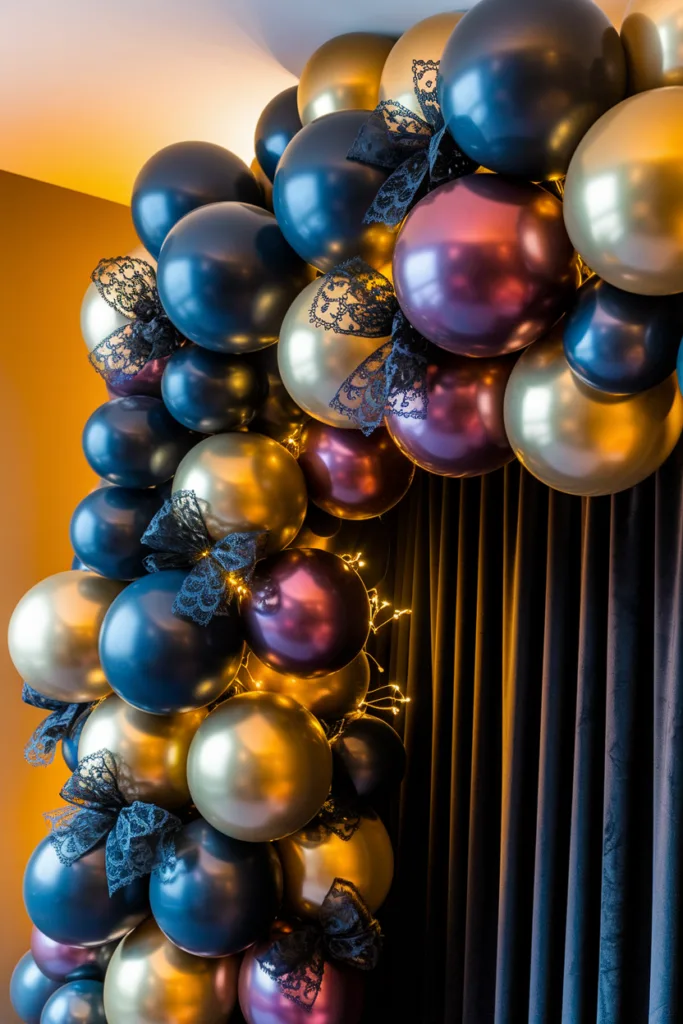 Elegant balloon arch with black, gold, and burgundy balloons, adorned with lace and twinkling lights.