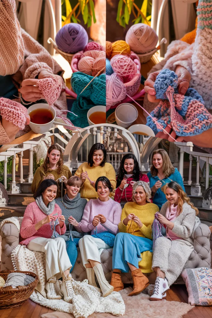 Women knitting together with colorful yarn and tea, enjoying a cozy crafting session in a warm, inviting space.