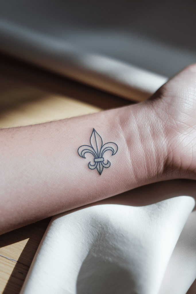 Fleur-de-lis wrist tattoo in sunlight, symbolizing elegance and tradition on skin near white cloth background.