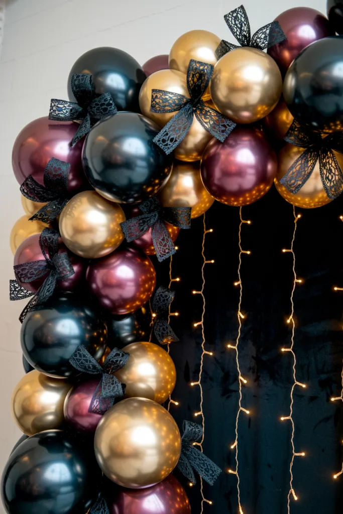 Elegant balloon arch with black, gold, and burgundy balloons adorned with lace and fairy lights.