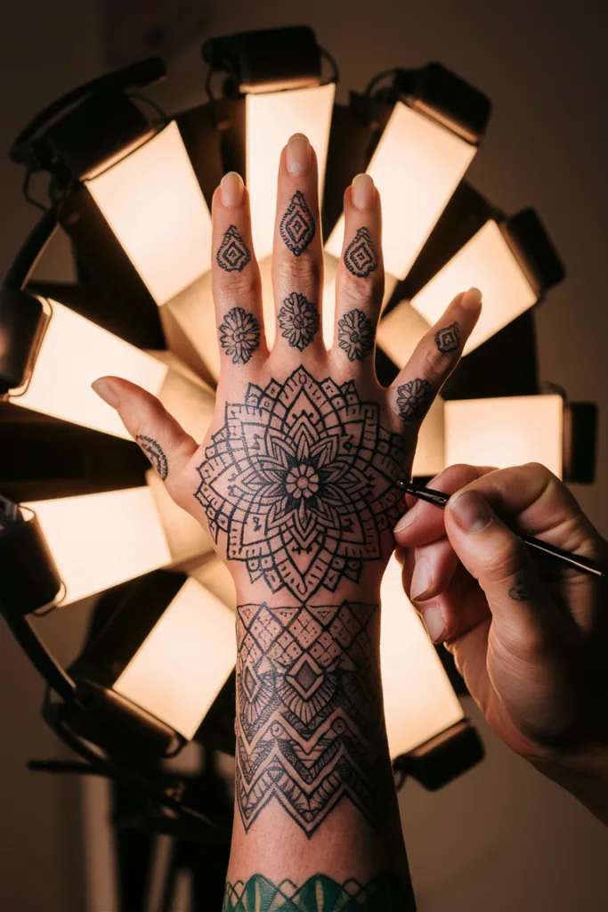 Intricate hand tattoo design under studio lights with artist applying details.