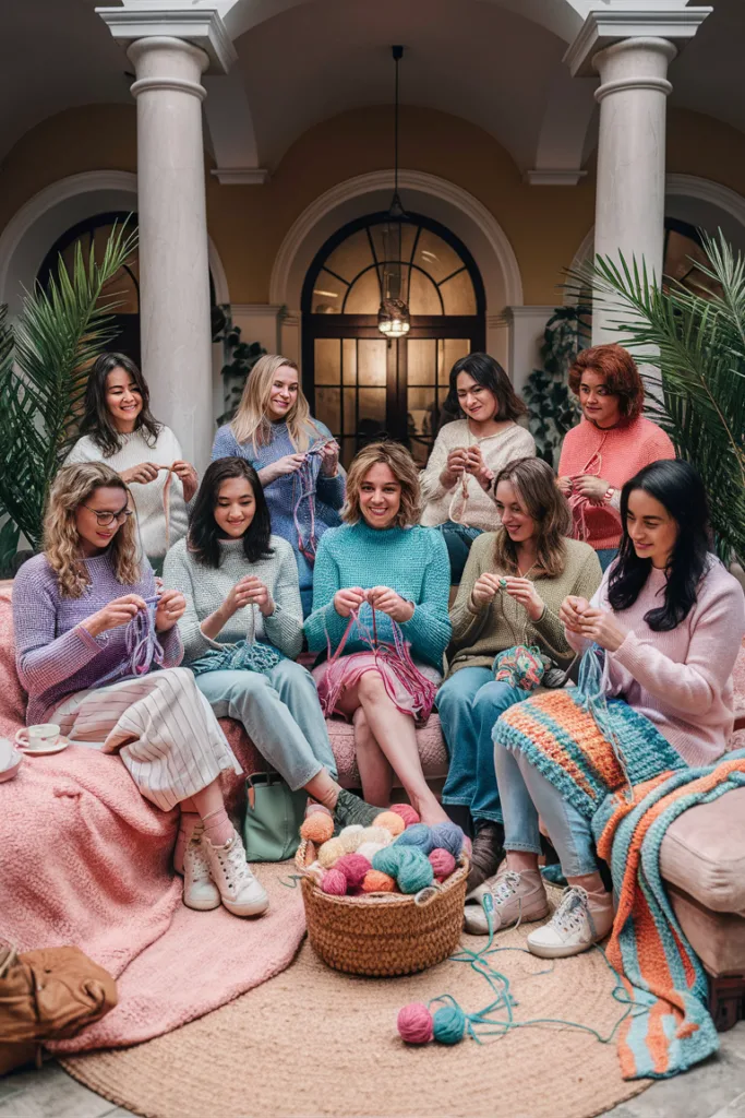 Group of women knitting and chatting in a cozy, brightly decorated room with yarn and finished projects.