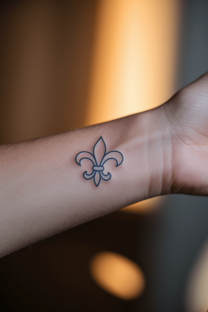 Small fleur-de-lis tattoo on a wrist, symbolizing elegance and heritage.