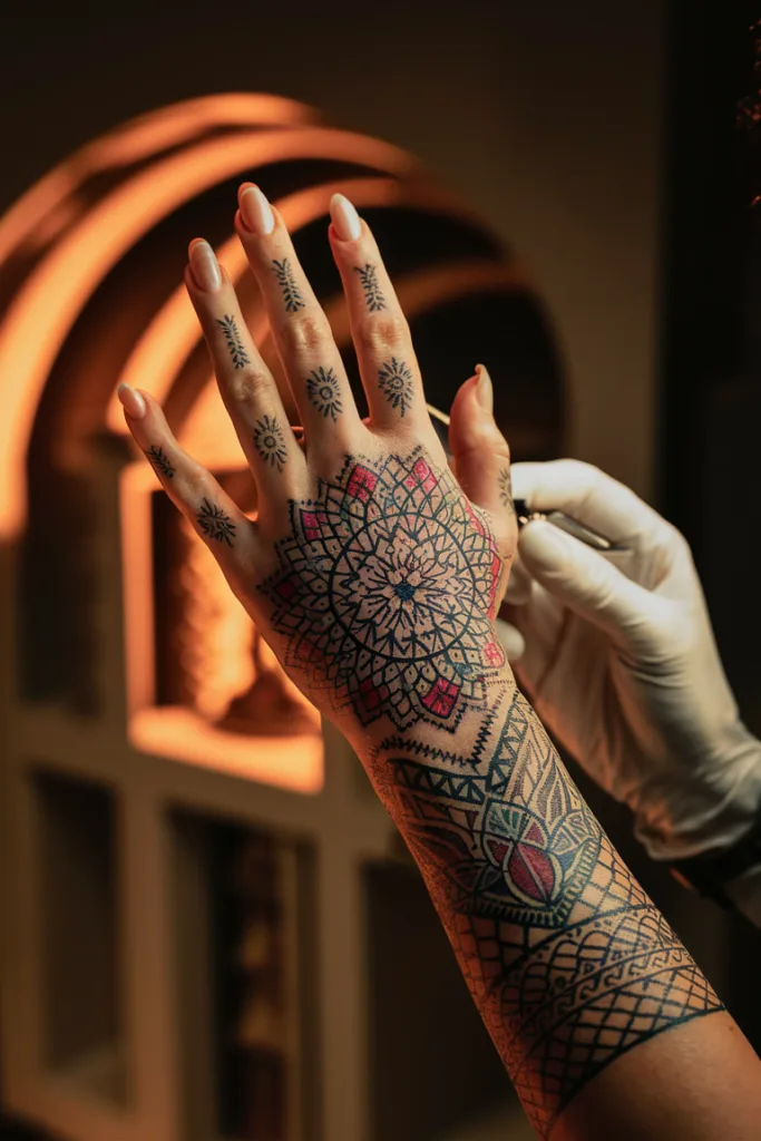 Intricate henna tattoo on hand with geometric patterns in warm lighting.