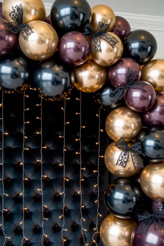 Elegant balloon arch in black, gold, and burgundy with lace bows, set against a backdrop of glowing string lights.