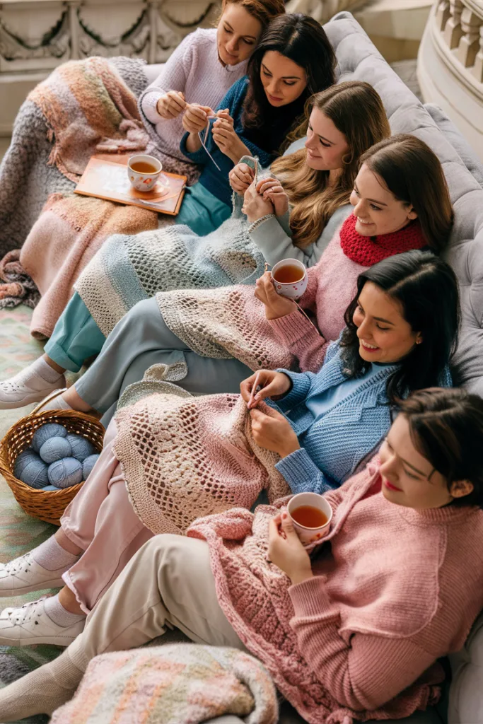 Women knitting together, cozy with tea and yarn, creating crochet pieces on a sofa, sharing a relaxing moment.