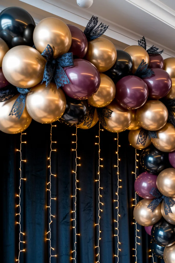 Elegant balloon arch with gold, black, and purple balloons, accented by string lights for a festive atmosphere.