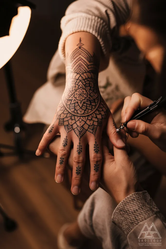 Intricate henna tattoo being applied on a hand, showcasing detailed patterns and artistry in a cozy setting.