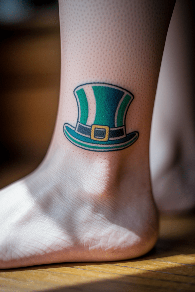 Tattoo of a green leprechaun hat with buckle on ankle, symbolizing St. Patrick's Day festivity.