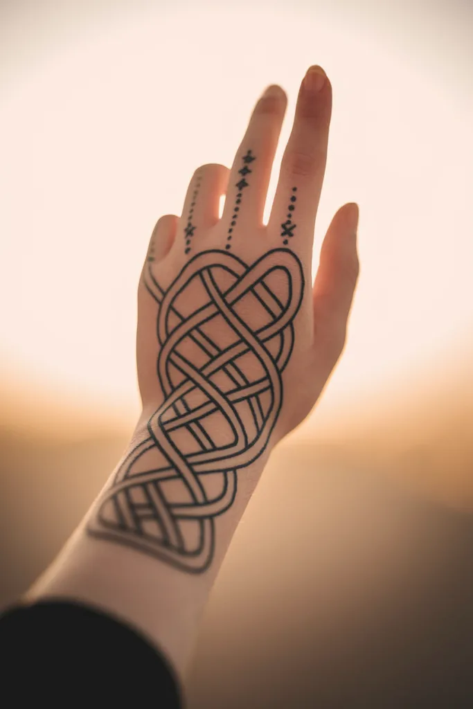 Intricate hand tattoo with geometric patterns in artistic light.