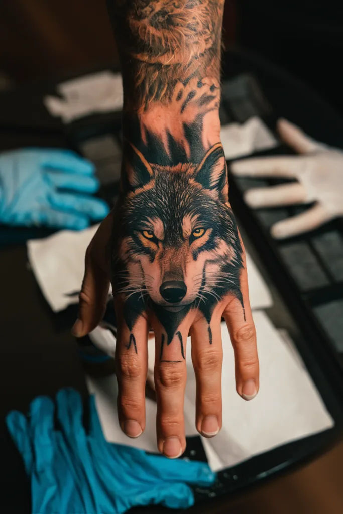 Detailed wolf tattoo on a hand, showcasing intricate artistry with surrounding tattoo tools and gloves.