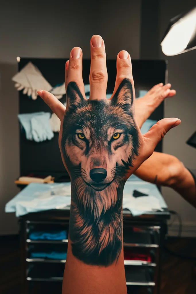 Hand with a wolf face tattoo, showcasing intricate details and vivid colors in a tattoo studio setting.