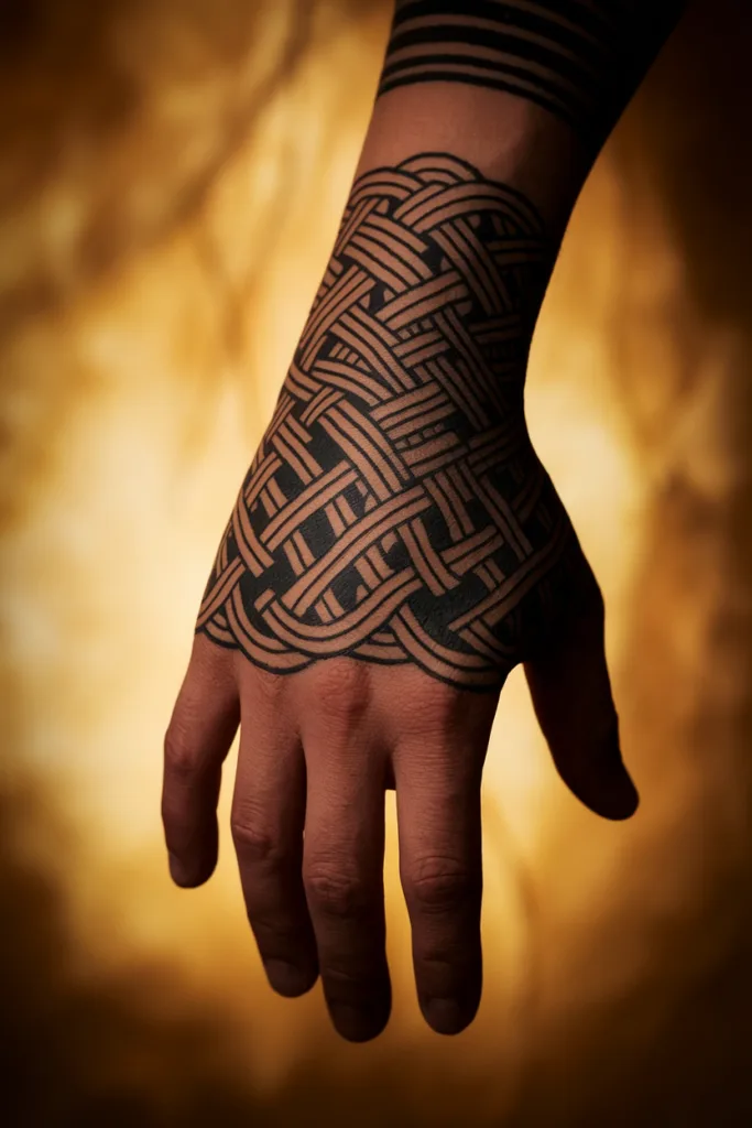 Close-up of a hand with an intricate black geometric tattoo, against a warm, blurred background.