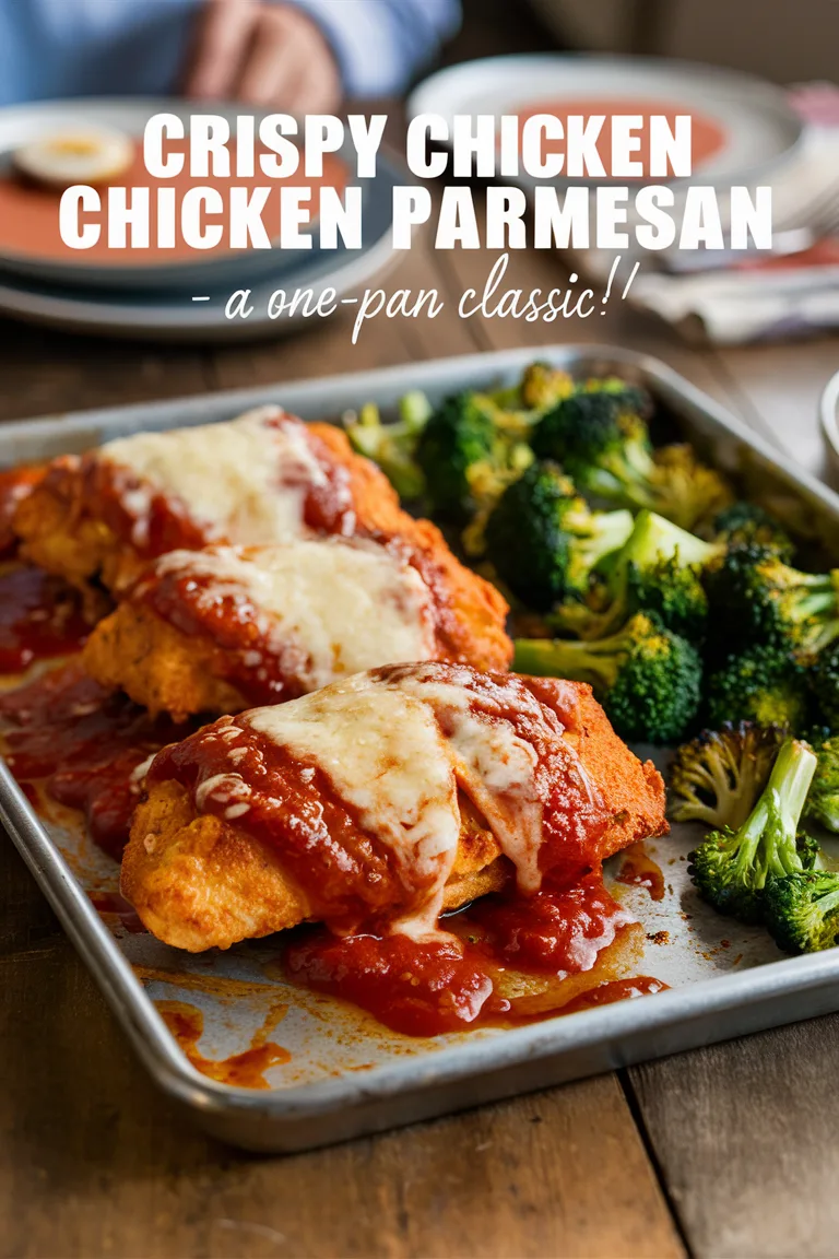 Crispy chicken parmesan with broccoli on a tray, labeled as a one-pan classic.