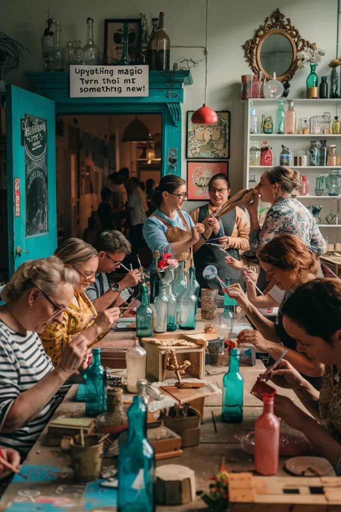 People crafting with bottles and brushes in a cozy upcycling workshop full of colorful decorations.