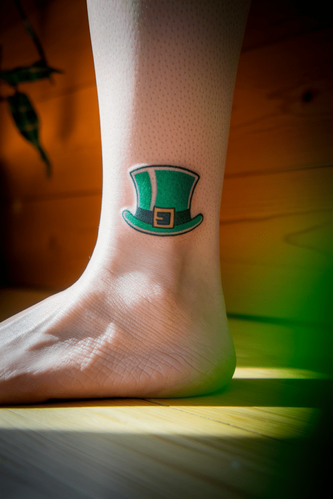 Close-up of a foot with a small green leprechaun hat tattoo on the ankle, wooden floor background.