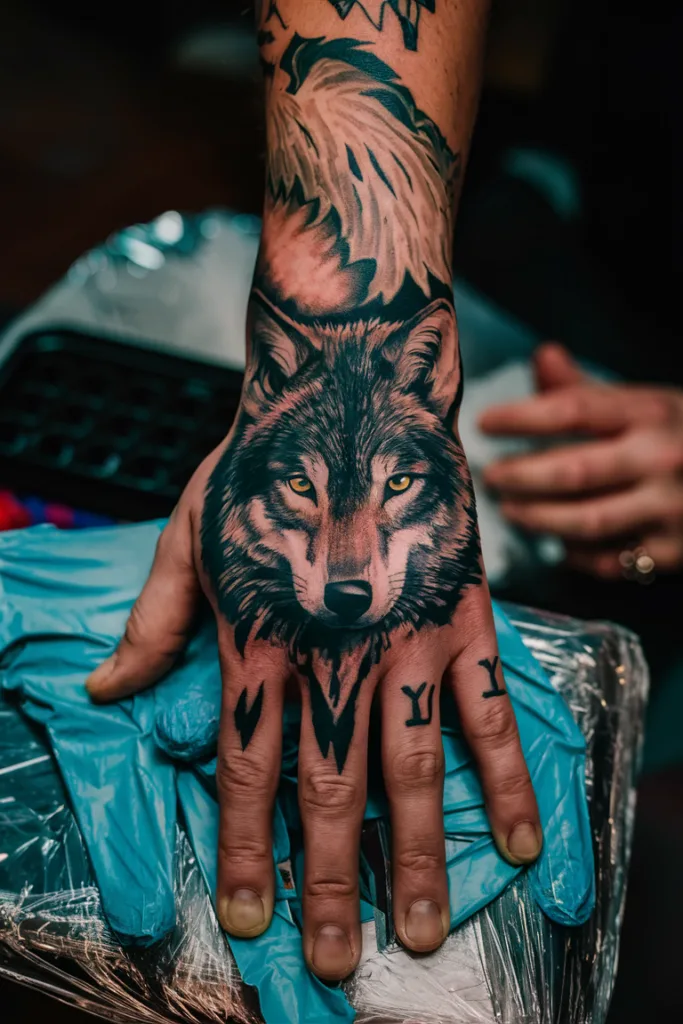 Hand tattoo featuring a detailed wolf design and symbols on fingers, enhancing artistic body art expression.