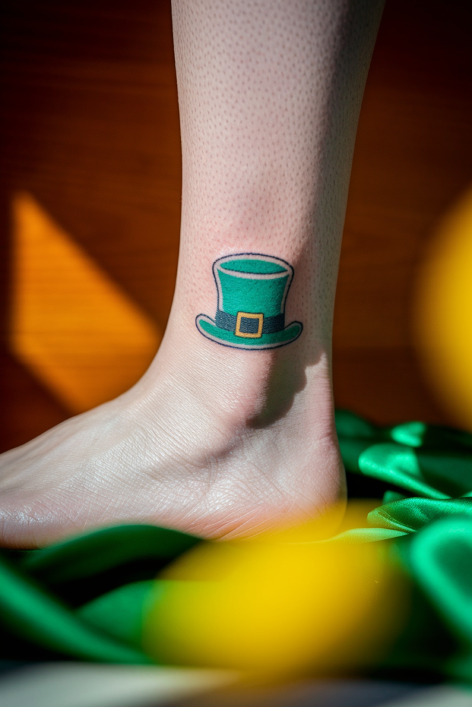 Colorful leprechaun hat tattoo on ankle, surrounded by green fabric, with a focus on vibrant details.