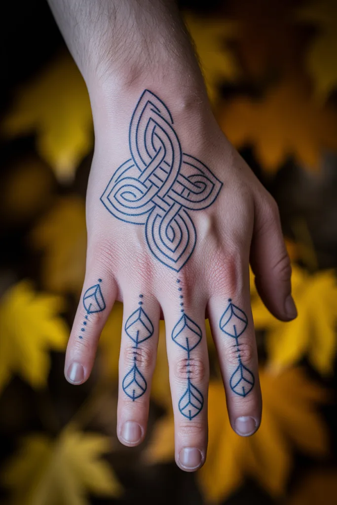 Hand with a Celtic knot tattoo and geometric finger designs, against a blurred autumn leaf background.