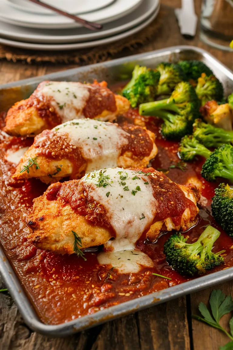 Baked chicken parmesan with melted cheese and tomato sauce, served with roasted broccoli on a rustic wooden table.