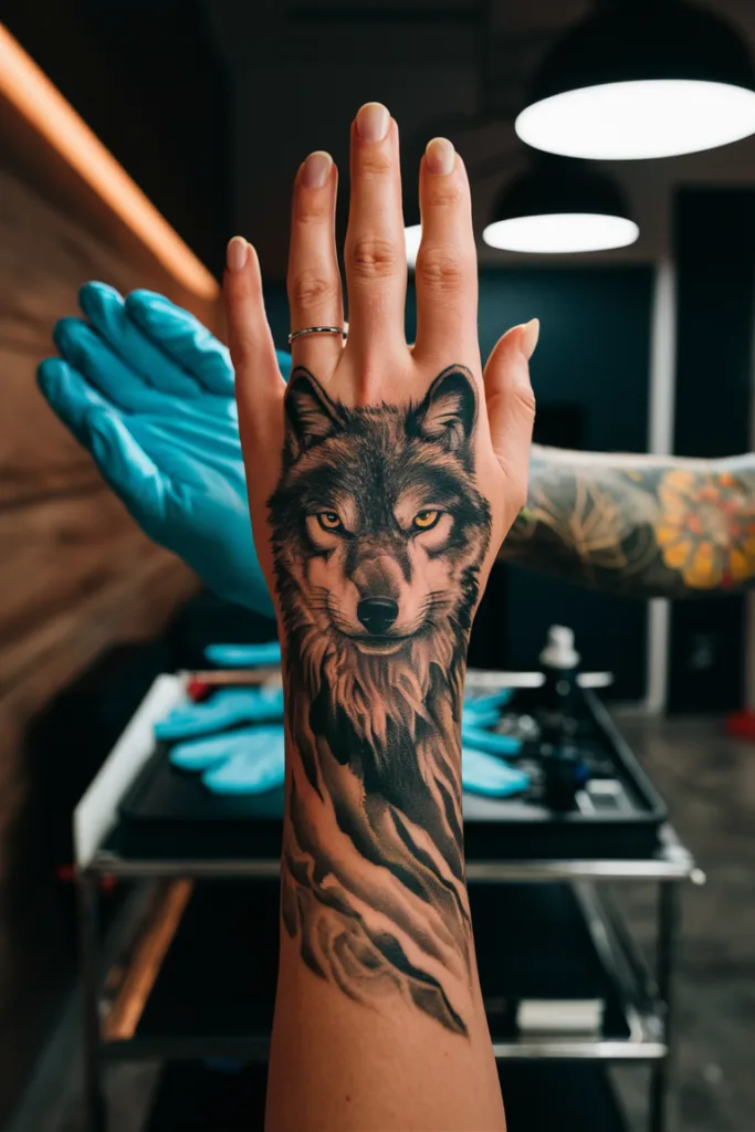 Wolf tattoo on forearm, artist's hand in blue gloves, tattoo studio background.