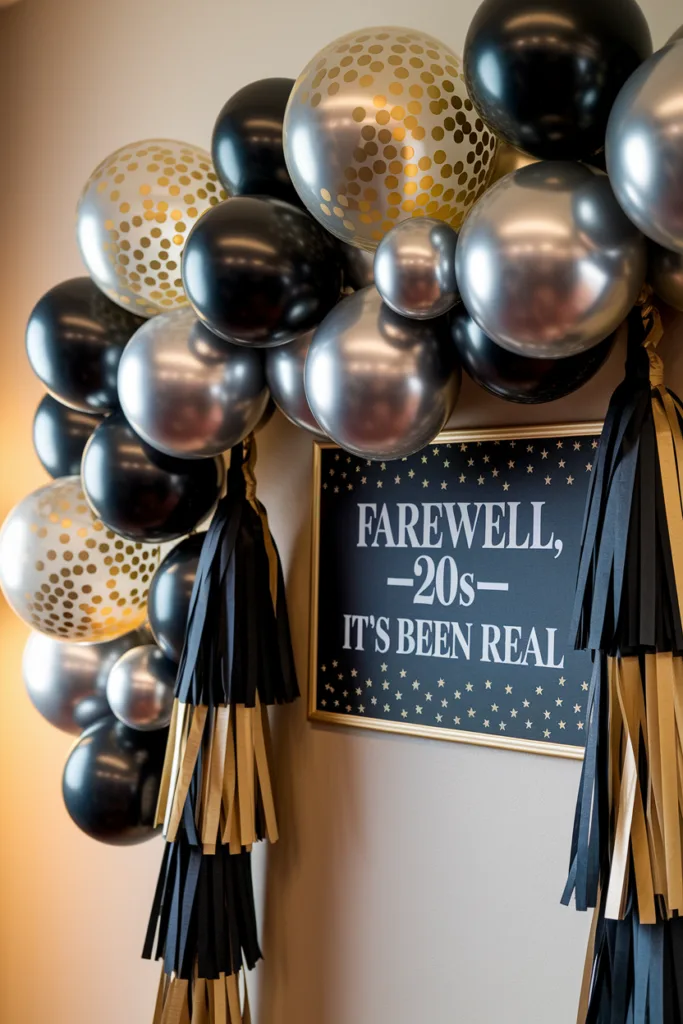 Farewell 20s party decor with gold and black balloons, tassels, and sign. Celebrate milestone moments in style.