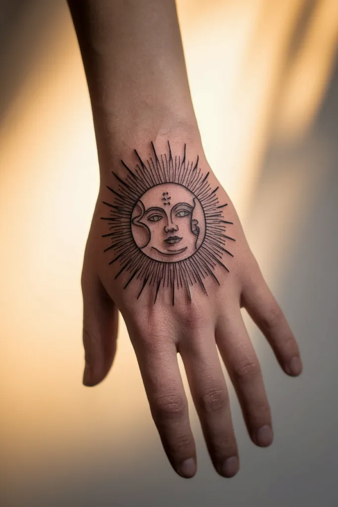 Minimalist sun and moon tattoo on hand, featuring a radiant cosmic design with intricate linework.