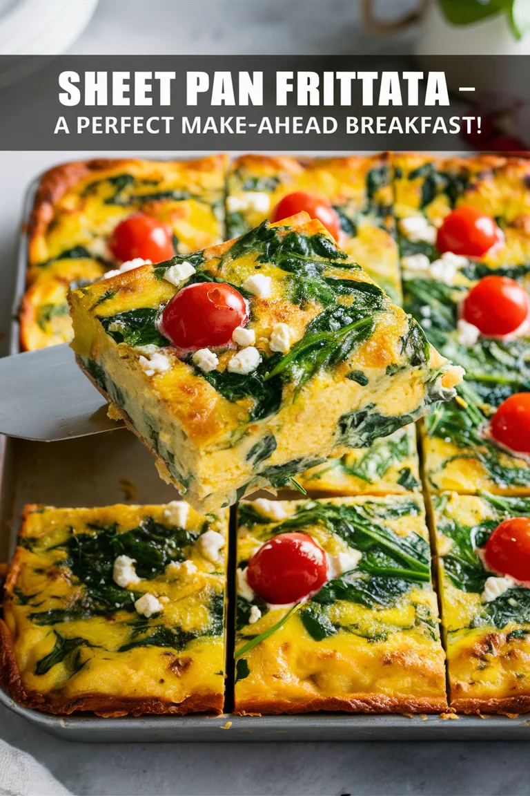 Sheet pan frittata with spinach and cherry tomatoes, perfect make-ahead breakfast dish for easy mornings.