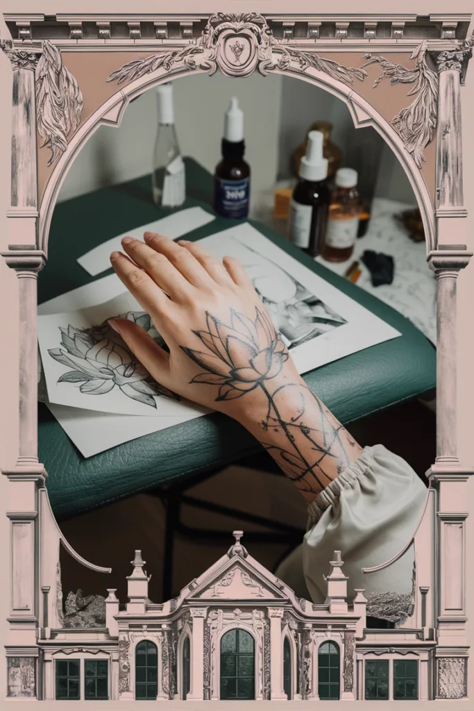 Hand with lotus tattoo resting on a table, surrounded by artwork and decor.