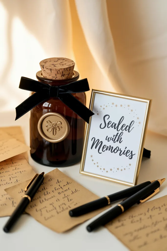 Decorative bottle and framed “Sealed with Memories” sign with handwritten letters and pens on a warm-toned background.