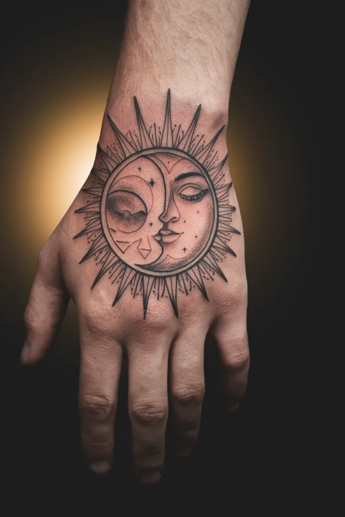 Hand tattoo with sun and moon design, intricate linework, blending celestial elements against a dark background.