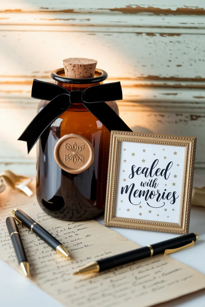 Decorative jar with cork, black bow, and sign saying Sealed with Memories beside pens and handwritten letters.