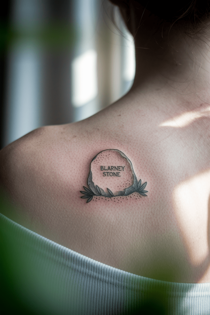 Tattoo of Blarney Stone on a person's shoulder, featuring subtle shading and leaf details for an artistic touch.