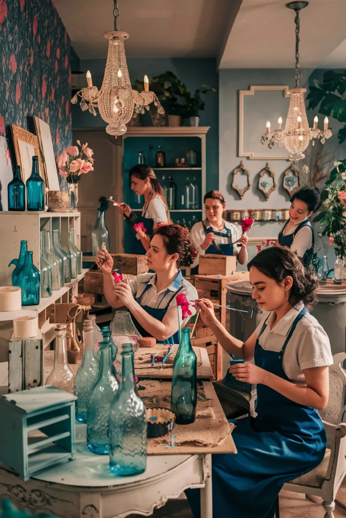 Women arranging flowers in artisan workshop, surrounded by turquoise vases and vintage decor under chandeliers.