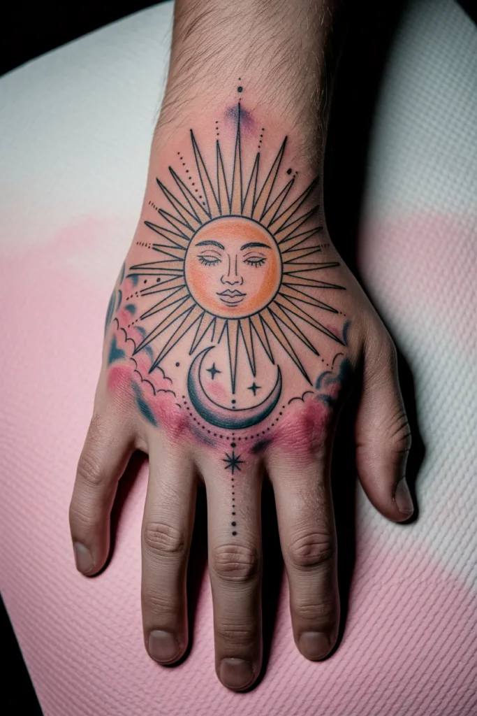 Sun and moon tattoo on hand with colorful celestial design, featuring stars and clouds on a textured background.