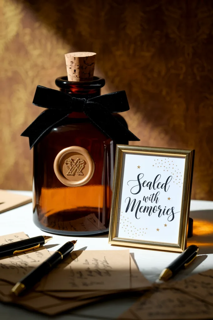 Vintage bottle with wax seal and Sealed with Memories sign, surrounded by handwritten notes and pens.